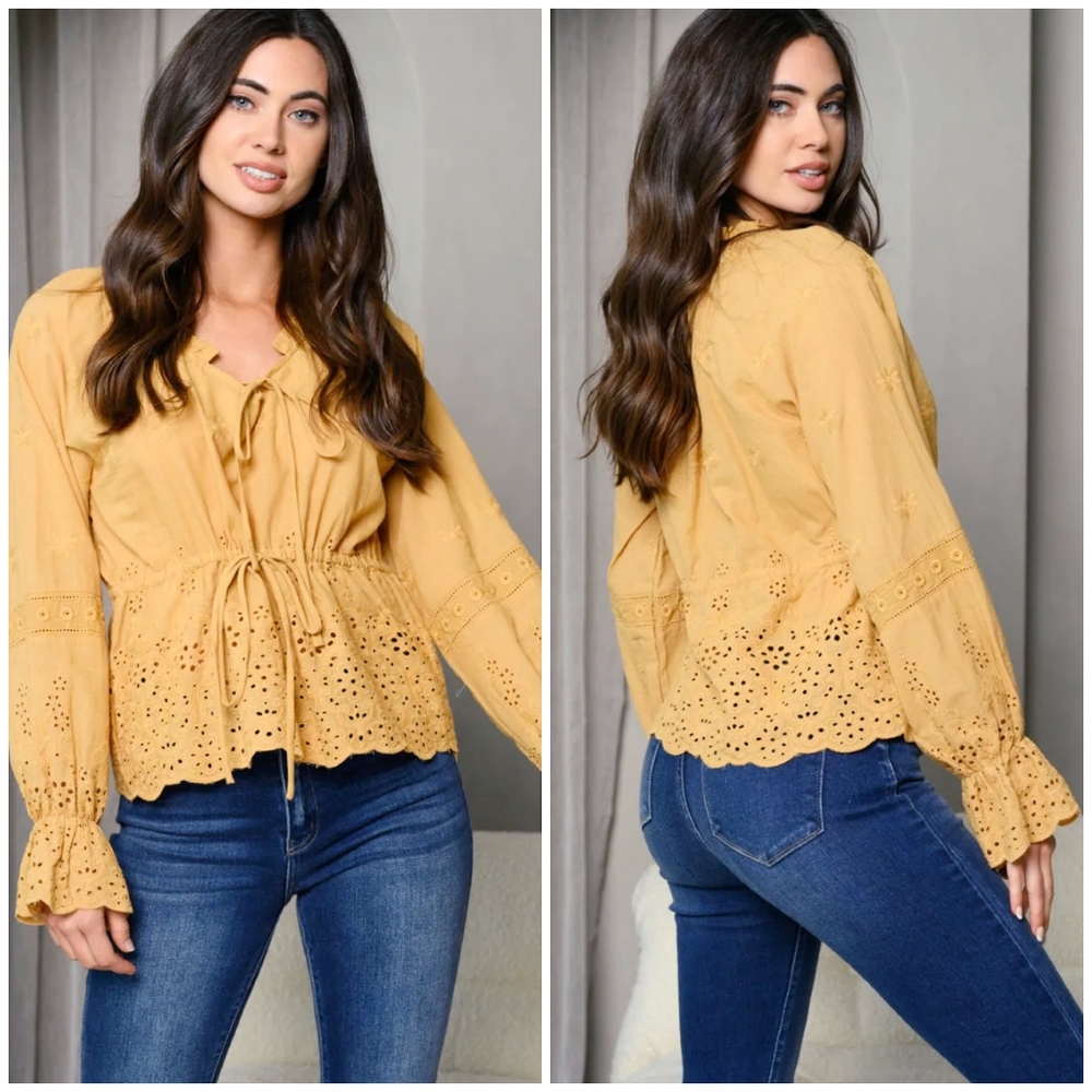 On Twelfth Boho Chic Golden Honey Eyelet Embroidered Detail Long Sleeves Top - Picture 8 of 8